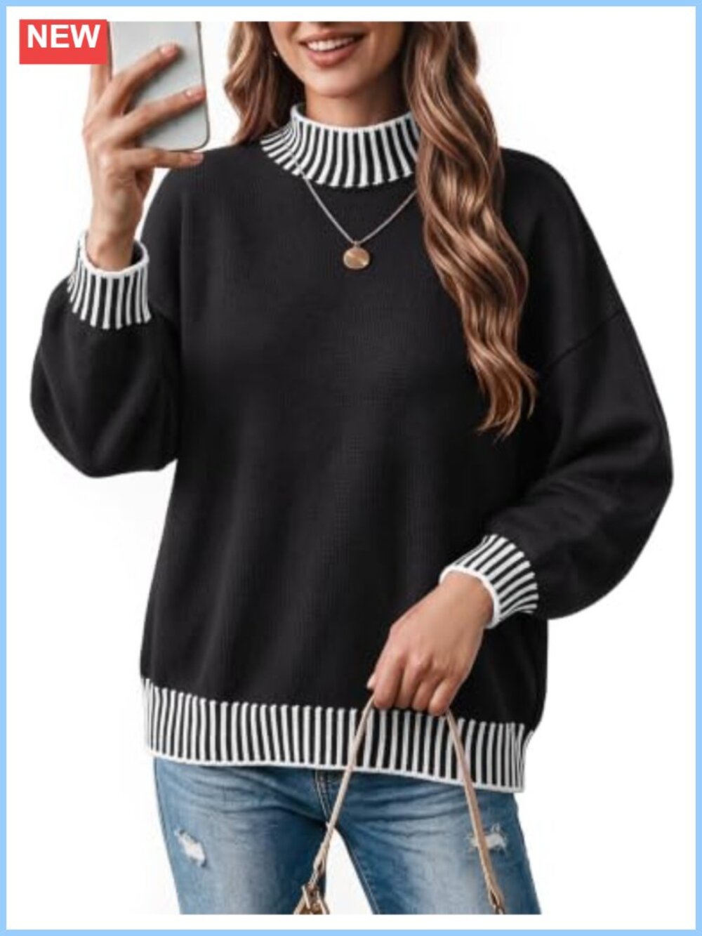Cozy Oversized Turtleneck Striped Sweater Fall Pullover Knit Long Sleeve